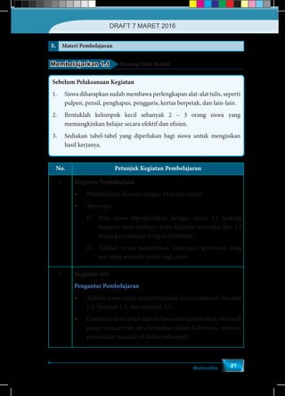 Matematika
21
E. Materi Pembelajaran
Membelajarkan 1.1 Konsep Nilai Mutlak
Sebelum Pelaksanaan Kegiatan
1.	 Siswa diharapkan sudah membawa perlengkapan alat-alat tulis, seperti
pulpen, pensil, penghapus, penggaris, kertas berpetak, dan lain-lain.
2.	 Bentuklah kelompok kecil sebanyak 2 – 3 orang siswa yang
memungkinkan belajar secara efektif dan efisien.
3.	 Sediakan tabel-tabel yang diperlukan bagi siswa untuk mengisikan
hasil kerjanya.
No. Petunjuk Kegiatan Pembelajaran
1. Kegiatan Pendahuluan
•	 Pembelajaran dimulai dengan Do’a dan Salam
•	Apersepsi
1)	 Para siswa diperkenalkan dengan cerita 1.1 tentang
kegiatan baris berbaris pada kegiatan pramuka dan 1.2
tentang permainan lompat melompat.
2)	 Ajaklah siswa memikirkan jenis-jenis pekerjaan yang
lain yang menarik minat bagi siswa.
2. Kegiatan Inti
Pengantar Pembelajaran
•	 Ajaklah siswa untuk memperhatikan dan memahami Masalah
1.1, Masalah 1.2, dan Masalah 1.3.
•	 Upayakan siswa lebih dahulu berusaha memikirkan, bersusah
payah mencari ide-ide, berdiskusi dalam kelompok, mencari
pemecahan masalah di dalam kelompok.
DRAFT 7 MARET 2016
 