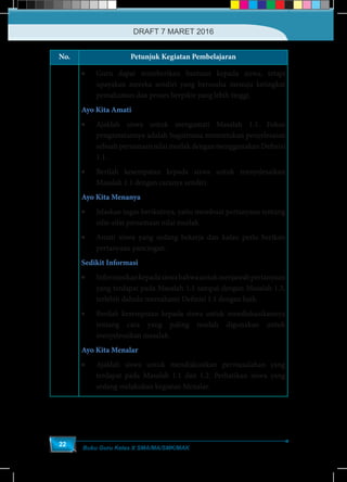 Buku Guru Kelas X SMA/MA/SMK/MAK
22
No. Petunjuk Kegiatan Pembelajaran
•	 Guru dapat memberikan bantuan kepada siswa, tetapi
upayakan mereka sendiri yang berusaha menuju ketingkat
pemahaman dan proses berpikir yang lebih tinggi.
Ayo Kita Amati
•	 Ajaklah siswa untuk mengamati Masalah 1.1. Fokus
pengamatannya adalah bagaimana menentukan penyelesaian
sebuah persamaan nilai mutlak dengan menggunakan Definisi
1.1.
•	 Berilah kesempatan kepada siswa untuk menyelesaikan
Masalah 1.1 dengan caranya sendiri.
Ayo Kita Menanya
•	 Jelaskan tugas berikutnya, yaitu membuat pertanyaan tentang
sifat-sifat persamaan nilai mutlak.
•	 Amati siswa yang sedang bekerja dan kalau perlu berikan
pertanyaan pancingan.
Sedikit Informasi
•	 Informasikankepadasiswabahwauntukmenjawabpertanyaan
yang terdapat pada Masalah 1.1 sampai dengan Masalah 1.3,
terlebih dahulu memahami Definisi 1.1 dengan baik.
•	 Berilah kesempatan kepada siswa untuk mendiskusikannya
tentang cara yang paling mudah digunakan untuk
menyelesaikan masalah.
Ayo Kita Menalar
•	 Ajaklah siswa untuk mendiskusikan permasalahan yang
terdapat pada Masalah 1.1 dan 1.2. Perhatikan siswa yang
sedang melakukan kegiatan Menalar.
DRAFT 7 MARET 2016
 