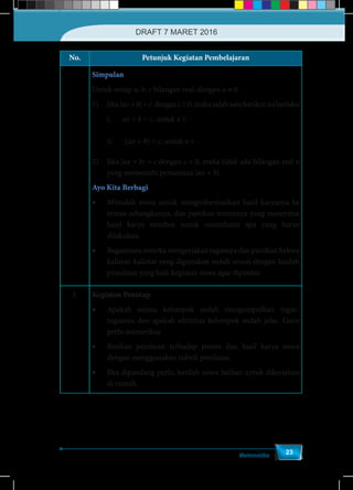 Matematika
23
No. Petunjuk Kegiatan Pembelajaran
Simpulan
Untuk setiap a, b, c bilangan real, dengan a ≠ 0.
1)	 Jika |ax + b| = c dengan c ≥ 0, maka salah satu berikut ini berlaku
i.	 ax + b = c, untuk x ≥ -
b
a
ii.	-(ax + b) = c, untuk x < -
b
a
2)	 Jika |ax + b| = c dengan c < 0, maka tidak ada bilangan real x
yang memenuhi persamaan |ax + b|.
Ayo Kita Berbagi
•	 Mintalah siswa untuk menginformasikan hasil karyanya ke
teman sebangkunya, dan pastikan temannya yang menerima
hasil karya tersebut untuk memahami apa yang harus
dilakukan.
•	 Bagaimana mereka mengerjakan tugasnya dan pastikan bahwa
kalimat-kalimat yang digunakan sudah sesuai dengan kaidah
penulisan yang baik kegiatan siswa agar dipantau
3. Kegiatan Penutup
•	 Apakah semua kelompok sudah mengumpulkan tugas-
tugasnya dan apakah identitas kelompok sudah jelas. Guru
perlu memeriksa.
•	 Berikan penilaian terhadap proses dan hasil karya siswa
dengan menggunakan rubrik penilaian.
•	 Jika dipandang perlu, berilah siswa latihan untuk dikerjakan
di rumah.
DRAFT 7 MARET 2016
 