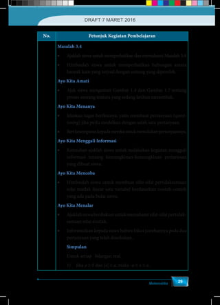 Matematika
29
No. Petunjuk Kegiatan Pembelajaran
Masalah 3.4
•	 Ajaklah siswa untuk memperhatikan dan memahami Masalah 3.4
•	 Himbaulah siswa untuk memperhatikan hubungan antara
banyak kain yang terjual dengan untung yang diperoleh.
Ayo Kita Amati
•	 Ajak siswa mengamati Gambar 1.4 dan Gambar 1.7 tentang
proses seorang tentara yang sedang latihan menembak.
Ayo Kita Menanya
•	 Jelaskan tugas berikutnya, yaitu membuat pertanyaan (quest-
ioning) jika perlu modelkan dengan salah satu pertanyaan.
•	 Berikesempatankepadamerekauntukmenuliskanpertanyaannya.
Ayo Kita Menggali Informasi
•	 Kemudian ajaklah siswa untuk melakukan kegiatan menggali
informasi tentang kemungkinan-kemungkinan pertanyaan
yang dibuat siswa.
Ayo Kita Mencoba
•	 Himbaulah siswa untuk membuat sifat-sifat pertidaksamaan
nilai mutlak linear satu variabel berdasarkan contoh-contoh
yang ada pada buku siswa.
Ayo Kita Menalar
•	 Ajaklahsiswaberdiskusiuntukmemahamisifat-sifatpertidak-
samaan nilai mutlak.
• 	 Informasikan kepada siswa bahwa fokus jawabannya pada dua
pertanyaan yang telah disediakan.
Simpulan
Untuk setiap bilangan real.
1)	Jika a ≥ 0 dan |x| ≤ a, maka -a ≤ x ≤ a.
DRAFT 7 MARET 2016
 
