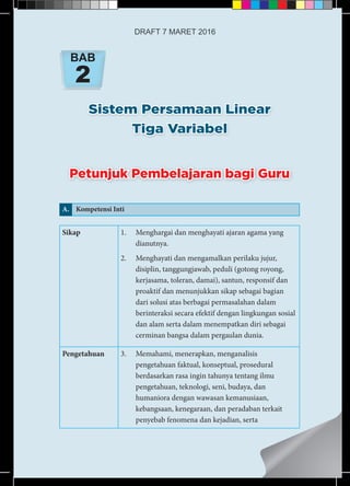 Sistem Persamaan Linear
Tiga Variabel
BAB
2
A. Kompetensi Inti
Sikap 1.	 Menghargai dan menghayati ajaran agama yang
dianutnya.
2.	 Menghayati dan mengamalkan perilaku jujur,
disiplin, tanggungjawab, peduli (gotong royong,
kerjasama, toleran, damai), santun, responsif dan
proaktif dan menunjukkan sikap sebagai bagian
dari solusi atas berbagai permasalahan dalam
berinteraksi secara efektif dengan lingkungan sosial
dan alam serta dalam menempatkan diri sebagai
cerminan bangsa dalam pergaulan dunia.
Pengetahuan 3.	 Memahami, menerapkan, menganalisis
pengetahuan faktual, konseptual, prosedural
berdasarkan rasa ingin tahunya tentang ilmu
pengetahuan, teknologi, seni, budaya, dan
humaniora dengan wawasan kemanusiaan,
kebangsaan, kenegaraan, dan peradaban terkait
penyebab fenomena dan kejadian, serta
Petunjuk Pembelajaran bagi Guru
DRAFT 7 MARET 2016
 