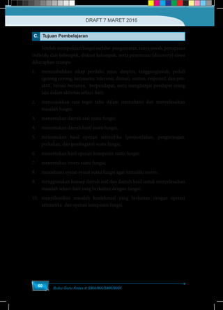 Buku Guru Kelas X SMA/MA/SMK/MAK
60
C. Tujuan Pembelajaran
	 Setelah mempelajari fungsi melalui pengamatan, tanya jawab, penugasan
individu dan kelompok, diskusi kelompok, serta penemuan (discovery) siswa
diharapkan mampu
1.	 menumbuhkan sikap perilaku jujur, disiplin, tanggungjawab, peduli
(gotong royong, kerjasama, toleransi, damai), santun, responsif, dan pro-
aktif, berani bertanya, berpendapat, serta menghargai pendapat orang
lain dalam aktivitas sehari-hari;
2.	 menunjukkan rasa ingin tahu dalam memahami dan menyelesaikan
masalah fungsi;
3.	 menentukan daerah asal suatu fungsi;
4.	 menentukan daerah hasil suatu fungsi;
5.	 menentukan hasil operasi aritmetika (penjumlahan, pengurangan,
perkalian, dan pembagian) suatu fungsi;
6.	 menentukan hasil operasi komposisi suatu fungsi;
7.	 menentukan invers suatu fungsi;
8.	 memahami syarat-syarat suatu fungsi agar memiliki invers;
9.	 menggunakan konsep daerah asal dan daerah hasil untuk menyelesaikan
masalah sehari-hari yang berkaitan dengan fungsi;
10.	menyelesaikan masalah kontekstual yang berkaitan dengan operasi
aritmetika dan operasi komposisi fungsi.
DRAFT 7 MARET 2016
 