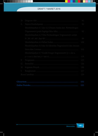 Matematika
vii
	 D.	 Diagram Alir....................................................................................	91
	 E.	 Materi Pembelajaran .....................................................................	92
Membelajarkan 4.1 dan 4.2 Ukuran Sudut dan Perbandingan
Trigonometri pada Segitiga Siku-Siku..........................................	92
Membelajarkan 4.3 Nilai Perbandingan Trigonometri untuk
0o
, 30o
, 45o
, 60o
, dan 90o
...................................................................	99
Membelajarkan 4.4 Relasi Sudut...................................................	106
Membelajarkan 4.5 dan 4.6 Identitas Trigonometri dan Aturan
Sinus dan Cosinus...........................................................................	112
Membelajarkan 4.7 Grafik Fungsi Trigonometri (y = sin x,
y = cos x, dan tan y = tan x)...........................................................	119
	 F.	Pengayaan.........................................................................................	125
	 G.	Remedial...........................................................................................	126
	 H.	 Kegiatan Proyek...............................................................................	126
	 I.	Rangkuman......................................................................................	127
	 Kunci Jawaban..........................................................................................	129
Glosarium.............................................................................................. 	152
Daftar Pustaka....................................................................................... 	155
DRAFT 7 MARET 2016
 