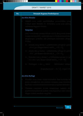 Matematika
71
No. Petunjuk Kegiatan Pembelajaran
Ayo Kita Menalar
•	 Ajaklah siswa untuk mendiskusikan permasalahan yang
terdapat pada Masalah 3.1. Perhatikan siswa yang sedang
melakukan kegiatan Menalar.
Simpulan
Jika f suatu fungsi dengan daerah asal Df
dan g suatu fungsi
dengandaerahasalDg
,makapadaoperasialjabarpenjumlahan,
pengurangan, perkalian, dan pembagian dinyatakan sebagai
berikut.
1)	Jumlah f dan g ditulis f + g didefinisikan sebagai (f + g)(x)
= f(x) + g(x) dengan daerah asal Df + g
= Df
∩ Dg
.
2)	Selisih f dan g ditulis f – g didefinisikan sebagai (f – g)(x)
= f(x) – g(x) dengan daerah asal Df – g
= Df
∩ Dg
.
3)	Perkalian f dan g ditulis f × g didefinisikan sebagai (f × g)
(x) = f(x) × g(x) dengan daerah asal Df × g
= Df
∩ Dg
.
4)	Pembagian f dan g ditulis
f
g
didefinisikan sebagai
( )
 
 
 
f f x
x
g g x
( )
=
( )
dengandaerahasal = Df
∩Dg
–{x|g(x)=0}.
Ayo Kita Berbagi
•	 Mintalah siswa untuk menginformasikan hasil karyanya ke
teman sebangkunya, dan pastikan temannya yang menerima
hasilkaryatersebutuntukmemahamiapayangharusdilakukan.
•	 Pantaulah bagaimana mereka mengerjakan tugasnya dan
pastikan bahwa kalimat-kalimat yang digunakan sudah sesuai
dengan kaidah penulisan yang baik.
DRAFT 7 MARET 2016
 