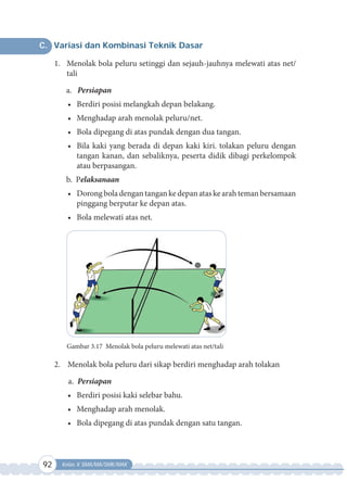 92 Kelas X SMA/MA/SMK/MAK
C. Variasi dan Kombinasi Teknik Dasar
1. Menolak bola peluru setinggi dan sejauh-jauhnya melewati atas net/
tali
a. Persiapan
•	 Berdiri posisi melangkah depan belakang.
•	 Menghadap arah menolak peluru/net.
•	 Bola dipegang di atas pundak dengan dua tangan.
•	 Bila kaki yang berada di depan kaki kiri. tolakan peluru dengan
tangan kanan, dan sebaliknya, peserta didik dibagi perkelompok
atau berpasangan.
b. Pelaksanaan
•	 Dorong bola dengan tangan ke depan atas ke arah teman bersamaan
pinggang berputar ke depan atas.
•	 Bola melewati atas net.
2. Menolak bola peluru dari sikap berdiri menghadap arah tolakan
a. Persiapan
•	 Berdiri posisi kaki selebar bahu.
•	 Menghadap arah menolak.
•	 Bola dipegang di atas pundak dengan satu tangan.
Gambar 3.17 Menolak bola peluru melewati atas net/tali
 