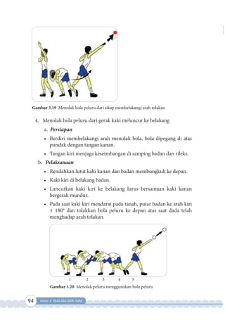 94 Kelas X SMA/MA/SMK/MAK
4. Menolak bola peluru dari gerak kaki meluncur ke belakang
a. Persiapan
•	 Berdiri membelakangi arah menolak bola, bola dipegang di atas
pundak dengan tangan kanan.
•	 Tangan kiri menjaga keseimbangan di samping badan dan rileks.
b. Pelaksanaan
•	 Rendahkan lutut kaki kanan dan badan membungkuk ke depan.
•	 Kaki kiri di belakang badan.
•	 Luncurkan kaki kiri ke belakang lurus bersamaan kaki kanan
bergerak mundur.
•	 Pada saat kaki kiri mendarat pada tanah, putar badan ke arah kiri
± 180° dan tolakkan bola peluru ke depan atas saat dada telah
menghadap arah tolakan.
Gambar 3.19 Menolak bola peluru dari sikap membelakangi arah tolakan
Gambar 3.20 Menolak peluru menggunakan bola peluru
1 2 3 4 5
 