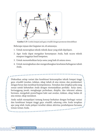 104 Kelas X SMA/MA/SMK/MAK
Gambar 3.35 Lomba lompat jauh gaya straddle dengan peraturan dimodifikasi
Beberapa tujuan dari kegiatan ini, di antaranya:
1. Untuk menerapkan teknik-teknik dasar yang telah dipelajari;
2. Agar Anda dapat mengukur kemampuan Anda, baik secara teknik
maupun tingginya hasil lompatan;
3. Untuk menumbuhkan kerja sama yang baik di antara siswa.
4. Untuk meningkatkan dan mengembangkan kesehatan/kebugaran tubuh
Anda.
Diskusikan setiap variasi dan kombinasi keterampilan teknik lompat tinggi
gaya straddle (awalan, tolakan, sikap tubuh di atas mistar, dan pendaratan)
dengan benar dan membuat kesimpulannya. Temukan dan tetapkan pola yang
sesuai untuk kebutuhan Anda dengan menunjukkan perilaku kerja sama,
bertanggung jawab, menghargai perbedaan, disiplin, dan toleransi selama
bermain, mengubah posisi/bagian kaki saat awalan, tolakan, sikap badan di
atas mistar, sikap mendarat.
Anda sudah mempalajari tentang konsep berkaitan dengan berbagai variasi
dan kombinasi lompat tinggi gaya straddle, sekarang coba Anda terapkan
apa yang telah Anda pelajari tersebut dalam aktivitas pembelajaran bersama
teman-teman Anda.
 