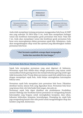 2 Kelas X SMA/MA/SMK/MAK
PERMAINAN
BOLA BESAR
Permainan bola besar
melalui permainan sepak
bola
Permainan bola besar
melalui permainan bola voli
Permainan bola besar
melalui permainan bola
basket
Anda telah mempelajari tentang permainan menggunakan bola besar di SMP
atau yang sederajat. Di SMA kelas X ini, Anda akan mempelajari berbagai
variasi dan kombinasi keterampilan gerak permainan bola besar. Pada bab
I ini, Anda akan mempelajari variasi dan kombinasi gerak permainan bola
besar serta menerapkannya dalam permainan sepak bola. Selanjutnya, Anda
akan mengembangkan sikap sosial dan spiritual yang dikembangkan melalui
permainan bola besar.
“ Mari bermain sepakbola semoga dapat mengangkat
harkat dan martabat diri dan bangsa ”
Permainan Bola Besar Melalui Permainan Sepak Bola
Sepak bola merupakan permainan yang amat digemari di Indonesia.
Permainan sepak bola didefin sikan sebagai permainan yang tujuan untuk
memasukkan bola ke gawang lawan dan mempertahankan gawang sendiri agar
tidak kemasukan bola. Prinsip dalam permainan sepak bola adalah kerja sama
dengan mempelajari sepak bola, Anda belajar meningkatkan keterampilan
bekerja sama.
Permainan sepak bola merupakan jenis permainan bola besar. Dikatakan
demikian karena ukuran bola yang digunakan besar. Permainan bola besar
yang lainnya bola voli, bola basket bola tangan, dan polo air.
Permainan sepak bola dapat dijadikan alat pembelajaran Pendidikan
Jasmani Olahraga dan Kesehatan karena permainan ini mengandung banyak
keterampilan yang berguna untuk meningkatkan kecepatan, daya tahan,
kekuatan, kelincahan, ketepatan, keseimbangan. Disamping itu, sepak bola
juga mengandung banyak nilai-nilai positif untuk mengembangkan sikap dan
karakter yang baik, diantaranya:
 