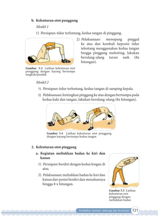 Pendidikan Jasmani, Olahraga dan Kesehatan 121
b. Kelenturan otot punggung
Model 1
1) Persiapan: tidur terlentang, kedua tangan di pinggang.
2) Pelaksanaan: menopang pinggul
ke atas dan kembali keposisi tidur
telentang menggunakan kedua tangan
hingga pinggang melenting, lakukan
berulang-ulang turun naik (8x
hitungan).
Model 2
1) Persiapan: tidur terlentang, kedua tangan di samping kepala.
2) Pelaksanaan: lentingkan pinggang ke atas dengan bertumpu pada
kedua kaki dan tangan, lakukan berulang-ulang (8x hitungan).
Gambar 5.4 Latihan kelenturan otot punggung
dengan kayang bertumpu kedua tangan
2. Kelenturan otot pinggang
a. Kegiatan meliukkan badan ke kiri dan
kanan
1) Persiapan: berdiri dengan kedua lengan di
atas.
2) Pelaksanaan: meliukkan badan ke kiri dan
kanan dari posisi berdiri dan menahannya
hingga 8 x hitungan.
Gambar 5.5 Latihan
kelenturan otot
pinggang dengan
meliukkan badan
Gambar 5.3 Latihan kelenturan otot
punggung dengan kayang bertumpu
tengkuk/pundak
 