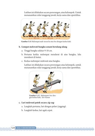 124 Kelas X SMA/MA/SMK/MAK
Latihan ini dilakukan secara perorangan, atau kelompok. Untuk
menanamkan nilai tanggung jawab, kerja sama dan sportifitas.
Gambar 5.11 Melompat naik-turun ke atas box dengan kedua kaki
b. Lompat melewati bangku senam berulang ulang
a. Tinggi bangku sekitar 9-10 cm.
b. Pertama ketika melompat mendarat di atas bangku, lalu
mendarat di lantai.
c. Kedua melompat melewati atas bangku.
Latihan ini dilakukan secara perorangan atau kelompok, untuk
menanamkan nilai tanggung jawab, kerja sama dan sportifitas.
Gambar 5.12 Melompati box den-
gan kedua kaki, kiri-kanan
c. Lari melewati patok secara zig-zag
a. Langkah pertama, lari dengan pelan (jogging).
b. Langkah kedua, lari agak cepat.
 