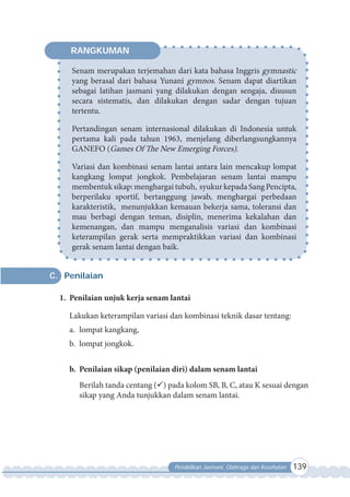 Pendidikan Jasmani, Olahraga dan Kesehatan 139
C. Penilaian
1. Penilaian unjuk kerja senam lantai
Lakukan keterampilan variasi dan kombinasi teknik dasar tentang:
a. lompat kangkang,
b. lompat jongkok.
b. Penilaian sikap (penilaian diri) dalam senam lantai
Berilah tanda centang () pada kolom SB, B, C, atau K sesuai dengan
sikap yang Anda tunjukkan dalam senam lantai.
Senam merupakan terjemahan dari kata bahasa Inggris gymnastic
yang berasal dari bahasa Yunani gymnos. Senam dapat diartikan
sebagai latihan jasmani yang dilakukan dengan sengaja, disusun
secara sistematis, dan dilakukan dengan sadar dengan tujuan
tertentu.
Pertandingan senam internasional dilakukan di Indonesia untuk
pertama kali pada tahun 1963, menjelang diberlangsungkannya
GANEFO (Games Of The New Emerging Forces).
Variasi dan kombinasi senam lantai antara lain mencakup lompat
kangkang lompat jongkok. Pembelajaran senam lantai mampu
membentuksikap:menghargaitubuh, syukurkepadaSangPencipta,
berperilaku sportif, bertanggung jawab, menghargai perbedaan
karakteristik, menunjukkan kemauan bekerja sama, toleransi dan
mau berbagi dengan teman, disiplin, menerima kekalahan dan
kemenangan, dan mampu menganalisis variasi dan kombinasi
keterampilan gerak serta mempraktikkan variasi dan kombinasi
gerak senam lantai dengan baik.
RANGKUMAN
 