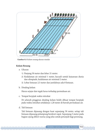 Pendidikan Jasmani, Olahraga dan Kesehatan 153
Gambar 8.1 Kolam renang ukuran standar
Kolam Renang
a. Ukuran
1) Panjang 50 meter dan lebar 21 meter.
2) Kedalaman air minimal 1 meter, kecuali untuk kejuaraan dunia
dan olimpiade, kedalaman air minimal 2 meter.
3) Lebar lintasan 2,5 meter dan jumlahnya ada 8 lintasan.
b. Dinding kolam
Harus sejajar dan tegak lurus terhadap permukaan air.
c. Tempat berpijak waktu istirahat
Di seluruh pinggiran dinding kolam boleh dibuat tempat berpijak
pada waktu istirahat setidaknya 1,20 meter di bawah permukaan air.
d. Tali lintasan
Tali lintasan dipasang dengan kuat sepanjang 50 meter, setiap tali
lintasan dipasang pelampung berderet rapat. Sepanjang 5 meter pada
bagian ujung diberi warna yang jelas untuk petunjuk bagi perenang.
 