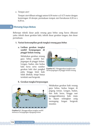 154 Kelas X SMA/MA/SMK/MAK
e. Tempat start
Tempat start dibuat setinggi antara 0,50 meter s.d. 0,75 meter dengan
kemiringan 10 derajat, permukaan tempat start berukuran 0,50 m x
0,50 m.
B. Renang Gaya Bebas
Beberapa teknik dasar pada renang gaya bebas yang harus dikuasai
yaitu: teknik dasar gerakan kaki, teknik dasar gerakan tangan, dan dasar
pernafasan.
1. Variasi keterampilan gerak tungkai renang gaya bebas
a. Latihan gerakan tungkai
sambil berpegangan di
pinggir kolam renang
Melakukan gerakan renang
gaya bebas sambil ber-
pegangan di pinggir kolam.
Lengan, badan, dan kedua
kaki lurus serta sumber
gerakan kaki dari pangkal
paha hingga lutut kaki
tidak ditekuk, tetapi hanya
tertekuk saat bergerak.
b. Gerakan tungkai berpasangan
Melakukan gerakan kaki renang
gaya bebas, kedua lengan di
pegang teman. Lengan, badan,
dan kaki lurus, hingga saat
menggerakkannya kaki maju
ke depan sedangkan yang
memegang lengan bergerak
mundur.
Gambar 8.3 Menggerakkan tungkai sambil
meluncur berpegangan dipegang teman
Gambar 8.2 Menggerakan tungkai sam-
bil berpegangan di pinggir kolam renang
 
