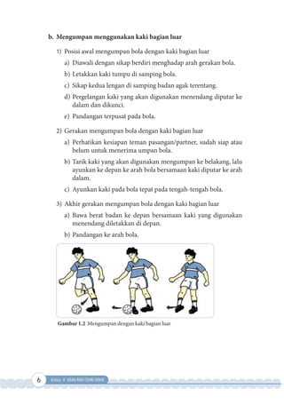 6 Kelas X SMA/MA/SMK/MAK
b. Mengumpan menggunakan kaki bagian luar
1) Posisi awal mengumpan bola dengan kaki bagian luar
a) Diawali dengan sikap berdiri menghadap arah gerakan bola.
b) Letakkan kaki tumpu di samping bola.
c) Sikap kedua lengan di samping badan agak terentang.
d) Pergelangan kaki yang akan digunakan menendang diputar ke
dalam dan dikunci.
e) Pandangan terpusat pada bola.
2) Gerakan mengumpan bola dengan kaki bagian luar
a) Perhatikan kesiapan teman pasangan/partner, sudah siap atau
belum untuk menerima umpan bola.
b) Tarik kaki yang akan digunakan mengumpan ke belakang, lalu
ayunkan ke depan ke arah bola bersamaan kaki diputar ke arah
dalam.
c) Ayunkan kaki pada bola tepat pada tengah-tengah bola.
3) Akhir gerakan mengumpan bola dengan kaki bagian luar
a) Bawa berat badan ke depan bersamaan kaki yang digunakan
menendang diletakkan di depan.
b) Pandangan ke arah bola.
Gambar 1.2 Mengumpan dengan kaki bagian luar
 