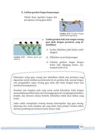 Pendidikan Jasmani, Olahraga dan Kesehatan 165
Gambar 8.25 Latihan gerak per-
napasan
b. Latihan gerakan lengan berpasangan
Teknik dasar (gerakan lengan dan
pernapasan renang gaya dada)
c. Lomba gerakan kaki atau tangan renang
gaya dada dengan peraturan yang di-
modifikasi
1) Lomba dilakukan pada kolam cetek/
dangkal.
2) Dilakukan secara berpasangan.
3) Lakukan gerakan tangan dengan
kedua kaki dipegang teman, me-
nempuh jarak 25 m.
Diskusikan setiap gaya renang dan identifikasi teknik dan peralatan yang
digunakan untuk tindakan penyelamatan di air, gerakan kaki, ayunan lengan,
cara pengambilan napas renang gaya dada dari buku dengan benar dan
membuat kesimpulannya.
Temukan dan tetapkan pola yang sesuai untuk kebutuhan Anda dengan
menunjukkanperilaku kerjasama,bertanggungjawab,menghargaiperbedaan,
disiplin, dan toleransi selama berlatih, kebutuhan tubuh akan latihan yang
sesuai.
Anda sudah mempelajari tentang konsep keterampilan tiga gaya renang.
Sekarang coba Anda terapkan apa yang telah Anda pelajari tersebut dalam
aktivitas pembelajaran bersama teman-teman Anda.
Gambar 8.24 Gerakan lengan
sambil didorong teman
 