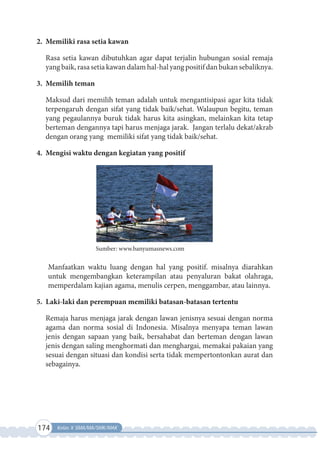 174 Kelas X SMA/MA/SMK/MAK
2. Memiliki rasa setia kawan
Rasa setia kawan dibutuhkan agar dapat terjalin hubungan sosial remaja
yang baik, rasa setia kawan dalam hal-hal yang positif dan bukan sebaliknya.
3. Memilih teman
Maksud dari memilih teman adalah untuk mengantisipasi agar kita tidak
terpengaruh dengan sifat yang tidak baik/sehat. Walaupun begitu, teman
yang pegaulannya buruk tidak harus kita asingkan, melainkan kita tetap
berteman dengannya tapi harus menjaga jarak. Jangan terlalu dekat/akrab
dengan orang yang memiliki sifat yang tidak baik/sehat.
4. Mengisi waktu dengan kegiatan yang positif
Manfaatkan waktu luang dengan hal yang positif. misalnya diarahkan
untuk mengembangkan keterampilan atau penyaluran bakat olahraga,
memperdalam kajian agama, menulis cerpen, menggambar, atau lainnya.
5. Laki-laki dan perempuan memiliki batasan-batasan tertentu
Remaja harus menjaga jarak dengan lawan jenisnya sesuai dengan norma
agama dan norma sosial di Indonesia. Misalnya menyapa teman lawan
jenis dengan sapaan yang baik, bersahabat dan berteman dengan lawan
jenis dengan saling menghormati dan menghargai, memakai pakaian yang
sesuai dengan situasi dan kondisi serta tidak mempertontonkan aurat dan
sebagainya.
Sumber: www.banyumasnews.com
 