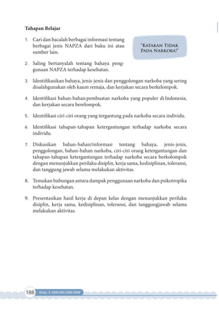 188 Kelas X SMA/MA/SMK/MAK
Tahapan Belajar
1. Cari dan bacalah berbagai informasi tentang
berbagai jenis NAPZA dari buku ini atau
sumber lain.
2. Saling bertanyalah tentang bahaya peng-
gunaan NAPZA terhadap kesehatan.
3. Identifikasikan bahaya, jenis-jenis dan penggolongan narkoba yang sering
disalahgunakan oleh kaum remaja, dan kerjakan secara berkelompok.
4. Identifikasi bahan-bahan pembuatan narkoba yang populer di Indonesia,
dan kerjakan secara berelompok.
5. Identifikasi ciri-ciri orang yang tergantung pada narkoba secara individu.
6. Identifikasi tahapan-tahapan ketergantungan terhadap narkoba secara
individu.
7. Diskusikan bahan-bahan/informasi tentang bahaya, jenis-jenis,
penggolongan, bahan-bahan narkoba, ciri-ciri orang ketergantungan dan
tahapan-tahapan ketergantungan terhadap narkoba secara berkolompok
dengan menunjukkan perilaku disiplin, kerja sama, kedisiplinan, toleransi,
dan tanggung jawab selama melakukan aktivitas.
8. Temukan hubungan antara dampak penggunaan narkoba dan psikotropika
terhadap kesehatan.
9. Presentasikan hasil kerja di depan kelas dengan menunjukkan perilaku
disiplin, kerja sama, kedisiplinan, toleransi, dan tanggungjawab selama
melakukan aktivitas.
“Katakan Tidak
Pada Narkoba!”
 