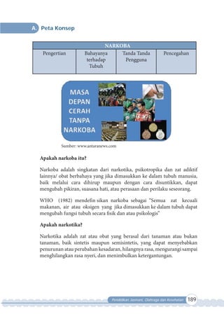 Pendidikan Jasmani, Olahraga dan Kesehatan 189
A. Peta Konsep
Apakah narkoba itu?
Narkoba adalah singkatan dari narkotika, psikotropika dan zat adiktif
lainnya/ obat berbahaya yang jika dimasukkan ke dalam tubuh manusia,
baik melalui cara dihirup maupun dengan cara disuntikkan, dapat
mengubah pikiran, suasana hati, atau perasaan dan perilaku seseorang.
WHO (1982) mendefin sikan narkoba sebagai “Semua zat kecuali
makanan, air atau oksigen yang jika dimasukkan ke dalam tubuh dapat
mengubah fungsi tubuh secara fisik dan atau psikologis”
Apakah narkotika?
Narkotika adalah zat atau obat yang berasal dari tanaman atau bukan
tanaman, baik sintetis maupun semisintetis, yang dapat menyebabkan
penurunan atau perubahan kesadaran, hilangnya rasa, mengurangi sampai
menghilangkan rasa nyeri, dan menimbulkan ketergantungan.
NARKOBA
Pengertian Bahayanya
terhadap
Tubuh
Tanda Tanda
Pengguna
Pencegahan
Sumber: www.antaranews.com
 