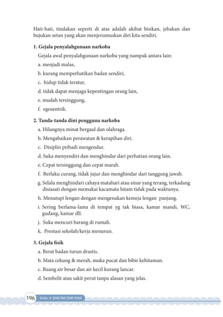 196 Kelas X SMA/MA/SMK/MAK
Hati-hati, tindakan seperti di atas adalah akibat bisikan, jebakan dan
bujukan setan yang akan menjerumuskan diri kita sendiri.
1. Gejala penyalahgunaan narkoba
Gejala awal penyalahgunaan narkoba yang nampak antara lain:
a. menjadi malas,
b. kurang memperhatikan badan sendiri,
c. hidup tidak teratur,
d. tidak dapat menjaga kepentingan orang lain,
e. mudah tersinggung,
f. egosentrik.
2. Tanda-tanda dini pengguna narkoba
a. Hilangnya minat bergaul dan olahraga.
b. Mengabaikan perawatan & kerapihan diri.
c. Disiplin pribadi mengendur.
d. Suka menyendiri dan menghindar dari perhatian orang lain.
e. Cepat tersinggung dan cepat marah.
f. Berlaku curang, tidak jujur dan menghindar dari tanggung jawab.
g. Selalu menghindari cahaya matahari atau sinar yang terang, terkadang
disiasati dengan memakai kacamata hitam tidak pada waktunya.
h. Menutupi lengan dengan mengenakan kemeja lengan panjang.
i. Sering berlama-lama di tempat yg tak biasa, kamar mandi, WC,
gudang, kamar dll.
j. Suka mencuri barang di rumah.
k. Prestasi sekolah/kerja menurun.
3. Gejala fisik
a. Berat badan turun drastis.
b. Mata cekung & merah, muka pucat dan bibir kehitaman.
c. Buang air besar dan air kecil kurang lancar.
d. Sembelit atau sakit perut tanpa alasan yang jelas.
 