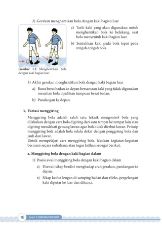 10 Kelas X SMA/MA/SMK/MAK
2) Gerakan menghentikan bola dengan kaki bagian luar
a) Tarik kaki yang akan digunakan untuk
menghentikan bola ke belakang, saat
bola menyentuh kaki bagian luar.
b) Sentuhkan kaki pada bola tepat pada
tengah-tengah bola.
3) Akhir gerakan menghentikan bola dengan kaki bagian luar
a) Bawa berat badan ke depan bersamaan kaki yang tidak digunakan
menahan bola dijadikan tumpuan berat badan.
b) Pandangan ke depan.
3. Variasi menggiring
Menggiring bola adalah salah satu teknik mengontrol bola yang
dilakukan dengan cara bola digiring dari satu tempat ke tempat lain atau
digiring mendekati gawang lawan agar bola tidak direbut lawan. Prinsip
menggiring bola adalah bola selalu dekat dengan penggiring bola dan
jauh dari lawan.
Untuk mempelajari cara menggiring bola, lakukan kegiatan-kegiatan
bermain secara sederhana atau tugas latihan sebagai berikut.
a. Menggiring bola dengan kaki bagian dalam
1) Posisi awal menggiring bola dengan kaki bagian dalam
a) Diawali sikap berdiri menghadap arah gerakan, pandangan ke
depan.
b) Sikap kedua lengan di samping badan dan rileks, pergelangan
kaki diputar ke luar dan dikunci.
Gambar 1.5 Menghentikan bola
dengan kaki bagian luar
 