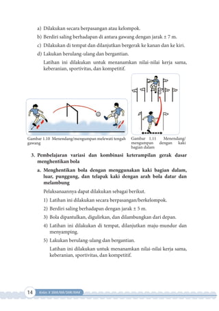 14 Kelas X SMA/MA/SMK/MAK
a) Dilakukan secara berpasangan atau kelompok.
b) Berdiri saling berhadapan di antara gawang dengan jarak ± 7 m.
c) Dilakukan di tempat dan dilanjutkan bergerak ke kanan dan ke kiri.
d) Lakukan berulang-ulang dan bergantian.
Latihan ini dilakukan untuk menanamkan nilai-nilai kerja sama,
keberanian, sportivitas, dan kompetitif.
Gambar 1.11 Menendang/
mengumpan dengan kaki
bagian dalam
Gambar 1.10 Menendang/mengumpan melewati tengah
gawang
3. Pembelajaran variasi dan kombinasi keterampilan gerak dasar
menghentikan bola
a. Menghentikan bola dengan menggunakan kaki bagian dalam,
luar, punggung, dan telapak kaki dengan arah bola datar dan
melambung
Pelaksanaannya dapat dilakukan sebagai berikut.
1) Latihan ini dilakukan secara berpasangan/berkelompok.
2) Berdiri saling berhadapan dengan jarak ± 5 m.
3) Bola dipantulkan, digulirkan, dan dilambungkan dari depan.
4) Latihan ini dilakukan di tempat, dilanjutkan maju-mundur dan
menyamping.
5) Lakukan berulang-ulang dan bergantian.
Latihan ini dilakukan untuk menanamkan nilai-nilai kerja sama,
keberanian, sportivitas, dan kompetitif.
 