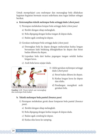 34 Kelas X SMA/MA/SMK/MAK
Untuk mempelajari cara melempar dan menangkap bola dilakukan
kegiatan-kegiatan bermain secara sederhana atau tugas latihan sebagai
berikut.
a. Keterampilan teknik melempar bola setinggi dada (chest pass)
1) Persiapan melakukan lempar bola setinggi dada (chest pass)
a) Berdiri dengan sikap melangkah.
b) Bola dipegang dengan kedua tangan di depan dada.
c) Badan agak condong ke depan.
2) Gerakan melempar bola setinggi dada (chest pass)
a) Dorongkan bola ke depan dengan meluruskan kedua lengan
bersamaan kaki belakang dilangkahkan ke depan dan berat
badan dibawa ke depan.
b) Lepaskan bola dari kedua pegangan tangan setelah kedua
lengan lurus.
c) Arah bola lurus sejajar dada.
3) Akhir gerakan melempar setinggi
dada (chest pass)
a) Berat badan dibawa ke depan.
b) Kedua lengan lurus ke depan
dan rileks.
d) Pandangan mengikuti arah
gerakan bola.
b. Teknik melempar bola pantul (bounce pass)
1) Persiapan melakukan gerak dasar lemparan bola pantul (bounce
pass).
a) Berdiri dengan sikap melangkah.
b) Bola dipegang dengan kedua tangan di depan dada.
c) Badan agak condong ke depan.
d) Kedua siku lurus ke samping.
Gambar 1.33 Posisi tubuh saat menangkap
dan melempar bola basket
 