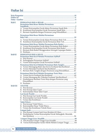 iv Kelas X SMA/MA/SMK/MAK
Daftar Isi
Kata Pengantar .........................................................................................................iii
Daftar Isi ......................................................................................................... iv
BAB I PERMAINAN BOLA BESAR ................................................................ 1
Permainan Bola Besar Melalui Permainan
Sepakbola ............................................................................................... 2
A. Variasi Keterampilan Gerak dalam Permainan Sepak Bola................. 5
B. Kombinasi Keterampilan Gerak Permainan Sepak Bola.................... 13
C. Bermain Sepakbola dengan Peraturan yang Dimodifikasi................. 18
Permainan Bola Besar Melalui Permainan
Bola oli............................................................................................... 19
A. Variasi Keterampilan Gerak dalam Permainan Bola Voli.................. 21
B. Kombinasi Keterampilan Gerak Permainan Bola Voli....................... 25
Permainan Bola Besar Melalui Permainan Bola Basket ..................... 31
A. Variasi Keterampilan Gerak dalam Permainan Bola Basket.............. 33
B. Kombinasi Keterampilan Gerak Permainan Bola Basket .................. 43
C. Bermain Bola Basket Menggunakan Setengah Lapangan Basket...... 44
D. Penilaian..................................................................................................... 47
BAB II PERMAINAN BOLA KECIL ............................................................... 50
Permainan Bola Kecil Melalui Permainan Softball................................ 51
A. Peta Konsep............................................................................................... 52
B. Perlengkapan Permainan a ......................................................... 53
C. Variasi Keterampilan Gerak Permainan Softball................................ 55
Permainan Bola Kecil Melalui Permainan Bulu Tangkis.................... 59
A. Variasi Memegang Raket dan Servis orehand dan ackhand........... 61
B. Variasi Memukul orehand dan ackhand........................................... 63
C. Bermain Bulu Tangkis dengan Peraturan yang Dimodifikasi........... 65
Permainan Bola Kecil Melalui Permainan Tenis Meja........................ 67
A. Variasi Servis orehand dan ackhand ................................................. 69
B. Variasi Memegang e , Pukulan orehand danBackhand ................ 71
C. Pembelajaran Bermain Tenis Meja dengan Peraturan yang
Dimodifikasi.............................................................................................. 72
D. Penilaian..................................................................................................... 74
BAB III ATLETIK.............................................................................................. 78
A. Peta Konsep............................................................................................... 79
B. Peta Konsep Jalan Cepat.......................................................................... 80
C. Keterampilan Dasar Jalan Cepat............................................................ 81
Lari Jarak Pendek................................................................................. 83
A. Peta Konsep Lari Jarak Pendek............................................................... 83
B. Keterampilan Lari Jarak Pendek ............................................................ 84
C. Variasi dan Kombinasi............................................................................ 86
Tolak Peluru ......................................................................................... 89
A. Peta konsep Tolak Peluru........................................................................ 89
B. Keterampilan Dasar Tolak Peluru.......................................................... 90
C. Variasi dan Kombinasi Teknik Dasar.................................................... 92
Lompat Jauh......................................................................................... 95
A. Peta Konsep Lompat Jauh Gaya Berjalan di Udara............................. 95
B. Pembelajaran Variasi Keterampilan Gerak Melangkah, Menolak,
dan Mendarat .......................................................................................... 96
Daf
tar a ar ......................................................................................................... vi
Lompat Tinggi Gaya Straddle.............................................................. 99
A. Peta Konsep Lompat Tinggi Gaya traddle........................................... 99
B. Variasi Keterampilan Gerak Atletik Melalui Lompat Tinggi............ 101
 