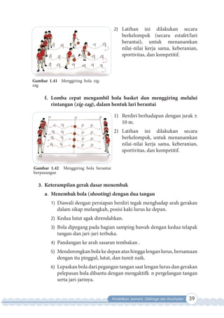 Pendidikan Jasmani, Olahraga dan Kesehatan 39
2) Latihan ini dilakukan secara
berkelompok (secara estafet/lari
berantai), untuk menanamkan
nilai-nilai kerja sama, keberanian,
sportivitas, dan kompetitif.
f. Lomba cepat mengambil bola basket dan menggiring melalui
rintangan (zig-zag), dalam bentuk lari berantai
1) Berdiri berhadapan dengan jarak ±
10 m.
2) Latihan ini dilakukan secara
berkelompok, untuk menanamkan
nilai-nilai kerja sama, keberanian,
sportivitas, dan kompetitif.
3. Keterampilan gerak dasar menembak
a. Menembak bola (shooting) dengan dua tangan
1) Diawali dengan persiapan berdiri tegak menghadap arah gerakan
dalam sikap melangkah, posisi kaki lurus ke depan.
2) Kedua lutut agak direndahkan.
3) Bola dipegang pada bagian samping bawah dengan kedua telapak
tangan dan jari-jari terbuka.
4) Pandangan ke arah sasaran tembakan .
5) Mendorongkan bola ke depan atas hingga lengan lurus, bersamaan
dengan itu pinggul, lutut, dan tumit naik.
6) Lepaskan bola dari pegangan tangan saat lengan lurus dan gerakan
pelepasan bola dibantu dengan mengaktifk n pergelangan tangan
serta jari-jarinya.
Gambar 1.42 Menggiring bola berantai
berpasangan
Gambar 1.41 Menggiring bola zig-
zag
 