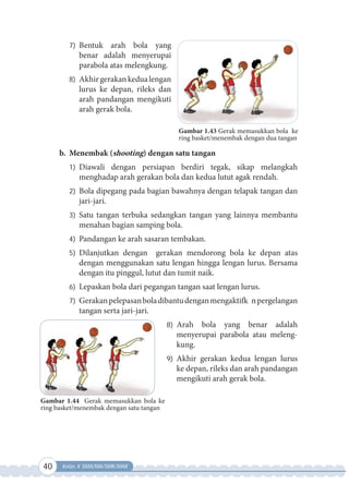 40 Kelas X SMA/MA/SMK/MAK
7) Bentuk arah bola yang
benar adalah menyerupai
parabola atas melengkung.
8) Akhirgerakankedualengan
lurus ke depan, rileks dan
arah pandangan mengikuti
arah gerak bola.
b. Menembak (shooting) dengan satu tangan
1) Diawali dengan persiapan berdiri tegak, sikap melangkah
menghadap arah gerakan bola dan kedua lutut agak rendah.
2) Bola dipegang pada bagian bawahnya dengan telapak tangan dan
jari-jari.
3) Satu tangan terbuka sedangkan tangan yang lainnya membantu
menahan bagian samping bola.
4) Pandangan ke arah sasaran tembakan.
5) Dilanjutkan dengan gerakan mendorong bola ke depan atas
dengan menggunakan satu lengan hingga lengan lurus. Bersama
dengan itu pinggul, lutut dan tumit naik.
6) Lepaskan bola dari pegangan tangan saat lengan lurus.
7) Gerakanpelepasanboladibantudenganmengaktifk npergelangan
tangan serta jari-jari.
8) Arah bola yang benar adalah
menyerupai parabola atau meleng-
kung.
9) Akhir gerakan kedua lengan lurus
ke depan, rileks dan arah pandangan
mengikuti arah gerak bola.
Gambar 1.43 Gerak memasukkan bola ke
ring basket/menembak dengan dua tangan
Gambar 1.44 Gerak memasukkan bola ke
ring basket/menembak dengan satu tangan
 