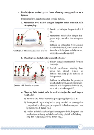 Pendidikan Jasmani, Olahraga dan Kesehatan 41
c. Pembelajaran variasi gerak dasar shooting menggunakan satu
tangan
Pelaksanaannya dapat dilakukan sebagai berikut.
a. Menembak bola basket dengan bergerak maju, mundur, dan
menyamping,
1) Berdiri berhadapan dengan jarak ± 5
m.
2) Menembak bola basket dengan ber-
gerak maju, mundur, dan menyam-
ping.
Latihan ini dilakukan berpasangan
atau berkelompok, untuk menanam-
kannilai-nilaikerjasama,keberanian,
sportivitas, dan kompetitif.
b. Shooting bola basket pada formasi berbanjar
1) Berdiri dengan membentuk formasi
berbanjar.
2) Setelah melakukan shooting, ber-
gerak lari pindah tempat ke
barisan belakang pada barisan di
hadapannya.
Latihan ini dilakukan berpasangan
atau berkelompok, untuk menanam-
kannilai-nilaikerjasama,keberanian,
sportivitas, dan kompetitif.
c. Shooting bola basket pada formasi berbanjar dari arah depan
ring basket
1) Berbaris satu banjar menghadap ring dengan jarak ± 3 m.
2) Kelompok di depan ring basket yang melakukan shooting dan
yang ada di belakang yang mengambil bola dan mengopernya
ke kelompok di depan ring.
3) Setelah melakukan shooting dan mengoper bola, bergerak lari
pindah tempat (yang melakukan shooting pindah ke belakang
ring dan yang mengoper ke depan ring).
Maju-mundur
Gambar 1.45 Menembak bola maju-mundur
Gambar 1.46 Shooting ke teman
 