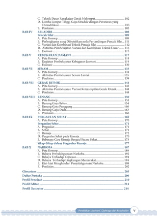 Pendidikan Jasmani, Olahraga dan Kesehatan v
C. Teknik Dasar Rangkaian Gerak Melompat......................................... 102
D. Lomba Lompat Tinggi Gaya traddle dengan Peraturan yang
Dimodifikasi............................................................................................ 103
E. Penilaian................................................................................................... 105
BAB IV BELADIRI.......................................................................................... 108
Pencak Silat ........................................................................................ 109
A. Peta Konsep............................................................................................. 109
B. Perlengkapan yang Dibutuhkan pada Pertandingan Pencak Silat... 111
C. Variasi dan Kombinasi Teknik Pencak Silat....................................... 112
D. Aktivitas Pembelajaran Variasi dan Kombinasi Teknik Dasar........ 113
E. Evaluasi .................................................................................................... 115
BAB V KEBUGARAN JASMANI .................................................................. 117
A. Peta Konsep............................................................................................. 118
B. Kegiatan Pembelajaran Kebugaran Jasmani....................................... 119
C. Evaluasi .................................................................................................... 130
BAB VI SENAM............................................................................................... 133
A. Peta Konsep............................................................................................. 134
B. Aktivitas Pembelajaran Senam Lantai................................................. 135
C. Penilaian................................................................................................... 139
BAB VII GERAK RITMIK................................................................................ 141
A. Peta Konsep............................................................................................. 142
B. Aktivitas Pembelajaran Variasi Keterampilan Gerak Ritmik........... 144
C. Penilaian................................................................................................... 148
BAB VIII RENANG............................................................................................ 150
A. Peta Konsep............................................................................................. 151
B. Renang Gaya Bebas................................................................................ 154
C. Renang Gaya Punggung........................................................................ 160
D. Renang Gaya Dada................................................................................. 163
E. Penilaian................................................................................................... 166
BAB IX PERGAULAN SEHAT........................................................................ 169
A. Peta Konsep............................................................................................. 170
Pergaulan Sehat.................................................................................. 171
A. Pergaulan ................................................................................................. 171
B. Sehat ......................................................................................................... 171
C. Remaja ..................................................................................................... 172
D. Pergaulan Sehat pada Remaja............................................................... 173
E. Beberapa Cara Remaja Bergaul Secara Sehat...................................... 173
i a i a dala Per aulan e a a............................................... 177
BAB X NARKOBA ......................................................................................... 187
A. Peta Konsep............................................................................................. 189
B. Bahaya Penyalahgunaan Narkoba........................................................ 192
C. Bahaya Terhadap Kejiwaan................................................................... 194
D. Bahaya Terhadap Lingkungan Masyarakat....................................... 194
E. Kiat-kiat Menghindari Penyalahgunaan Narkoba............................. 198
F. Penilaian................................................................................................... 202
Glosarium.............................................................................................................. 203
Daftar Pustaka ...................................................................................................... 206
Profil Penelaah ...................................................................................................... 210
Profil Editor .......................................................................................................... 214
Profil Ilustrator .................................................................................................... 214
 