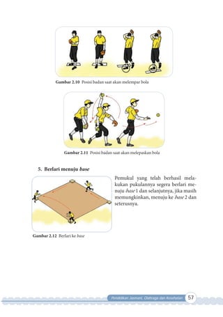 Pendidikan Jasmani, Olahraga dan Kesehatan 57
Gambar 2.10 Posisi badan saat akan melempar bola
Gambar 2.11 Posisi badan saat akan melepaskan bola
5. Berlari menuju base
Pemukul yang telah berhasil mela-
kukan pukulannya segera berlari me-
nuju base 1 dan selanjutnya, jika masih
memungkinkan, menuju ke base 2 dan
seterusnya.
Gambar 2.12 Berlari ke base
 