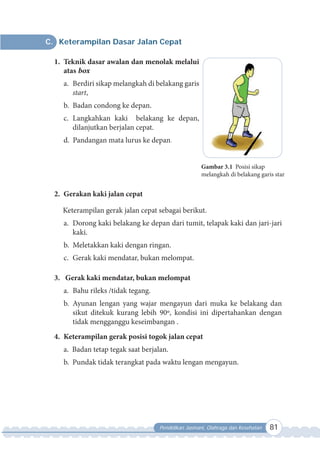 Pendidikan Jasmani, Olahraga dan Kesehatan 81
C. Keterampilan Dasar Jalan Cepat
1. Teknik dasar awalan dan menolak melalui
atas box
a. Berdiri sikap melangkah di belakang garis
start,
b. Badan condong ke depan.
c. Langkahkan kaki belakang ke depan,
dilanjutkan berjalan cepat.
d. Pandangan mata lurus ke depan.
2. Gerakan kaki jalan cepat
Keterampilan gerak jalan cepat sebagai berikut.
a. Dorong kaki belakang ke depan dari tumit, telapak kaki dan jari-jari
kaki.
b. Meletakkan kaki dengan ringan.
c. Gerak kaki mendatar, bukan melompat.
3. Gerak kaki mendatar, bukan melompat
a. Bahu rileks /tidak tegang.
b. Ayunan lengan yang wajar mengayun dari muka ke belakang dan
sikut ditekuk kurang lebih 90º, kondisi ini dipertahankan dengan
tidak mengganggu keseimbangan .
4. Keterampilan gerak posisi togok jalan cepat
a. Badan tetap tegak saat berjalan.
b. Pundak tidak terangkat pada waktu lengan mengayun.
Gambar 3.1 Posisi sikap
melangkah di belakang garis star
 