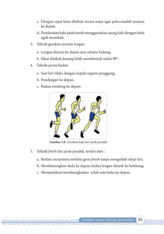Pendidikan Jasmani, Olahraga dan Kesehatan 85
c. Dengan cepat lutut ditekuk secara wajar agar paha mudah terayun
ke depan.
d. Pendaratan kaki pada tanah menggunakan ujung kaki dengan lutut
agak menekuk.
3. Teknik gerakan ayunan lengan
a. Lengan diayun ke depan atas sebatas hidung.
b. Sikut ditekuk kurang lebih membentuk sudut 90°.
4. Teknik posisi badan
a. Saat lari rileks dengan kepala segaris punggung.
b. Pandangan ke depan.
c. Badan condong ke depan.
Gambar 3.6 Gerakan kaki lari jarak pendek
5. Teknik finish lari jarak pendek, terdiri dari :
a. Berlari secepatnya melalui garis finish tanpa mengubah sikap lari;
b. Membusungkan dada ke depan, kedua lengan ditarik ke belakang;
c. Menjatuhkan/membungkukan salah satu bahu ke depan.
 