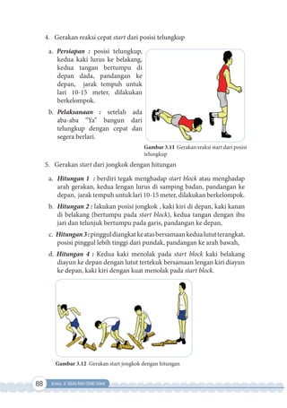 88 Kelas X SMA/MA/SMK/MAK
4. Gerakan reaksi cepat start dari posisi telungkup
a. Persiapan : posisi telungkup,
kedua kaki lurus ke belakang,
kedua tangan bertumpu di
depan dada, pandangan ke
depan, jarak tempuh untuk
lari 10-15 meter, dilakukan
berkelompok.
b. Pelaksanaan : setelah ada
aba-aba “Ya” bangun dari
telungkup dengan cepat dan
segera berlari.
5. Gerakan start dari jongkok dengan hitungan
a. Hitungan 1 : berdiri tegak menghadap start block atau menghadap
arah gerakan, kedua lengan lurus di samping badan, pandangan ke
depan, jarak tempuh untuk lari 10-15 meter, dilakukan berkelompok.
b. Hitungan 2 : lakukan posisi jongkok , kaki kiri di depan, kaki kanan
di belakang (bertumpu pada start block), kedua tangan dengan ibu
jari dan telunjuk bertumpu pada garis, pandangan ke depan,
c. Hitungan3:pingguldiangkatkeatasbersamaankedualututterangkat,
posisi pinggul lebih tinggi dari pundak, pandangan ke arah bawah,
d. Hitungan 4 : Kedua kaki menolak pada start block kaki belakang
diayun ke depan dengan lutut tertekuk bersamaan lengan kiri diayun
ke depan, kaki kiri dengan kuat menolak pada start block.
Gambar 3.11 Gerakan reaksi start dari posisi
telungkup
Gambar 3.12 Gerakan start jongkok dengan hitungan
 