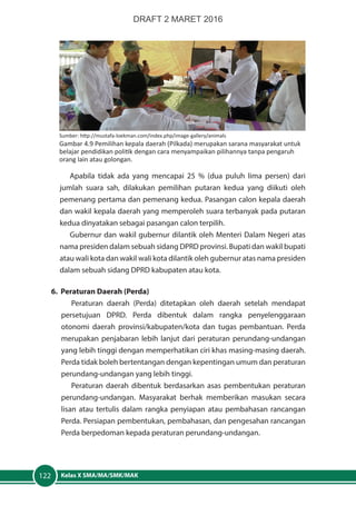 Kelas X SMA/MA/SMK/MAK122
Apabila tidak ada yang mencapai 25  % (dua puluh lima persen) dari
jumlah suara sah, dilakukan pemilihan putaran kedua yang diikuti oleh
pemenang pertama dan pemenang kedua. Pasangan calon kepala daerah
dan wakil kepala daerah yang memperoleh suara terbanyak pada putaran
kedua dinyatakan sebagai pasangan calon terpilih.
Gubernur dan wakil gubernur dilantik oleh Menteri Dalam Negeri atas
nama presiden dalam sebuah sidang DPRD provinsi. Bupati dan wakil bupati
atau wali kota dan wakil wali kota dilantik oleh gubernur atas nama presiden
dalam sebuah sidang DPRD kabupaten atau kota.
6. Peraturan Daerah (Perda)
Peraturan daerah (Perda) ditetapkan oleh daerah setelah mendapat
persetujuan DPRD. Perda dibentuk dalam rangka penyelenggaraan
otonomi daerah provinsi/kabupaten/kota dan tugas pembantuan. Perda
merupakan penjabaran lebih lanjut dari peraturan perundang-undangan
yang lebih tinggi dengan memperhatikan ciri khas masing-masing daerah.
Perda tidak boleh bertentangan dengan kepentingan umum dan peraturan
perundang-undangan yang lebih tinggi.
Peraturan daerah dibentuk berdasarkan asas pembentukan peraturan
perundang-undangan. Masyarakat berhak memberikan masukan secara
lisan atau tertulis dalam rangka penyiapan atau pembahasan rancangan
Perda. Persiapan pembentukan, pembahasan, dan pengesahan rancangan
Perda berpedoman kepada peraturan perundang-undangan.
Sumber: http://mustafa-loekman.com/index.php/image-gallery/animals
Gambar 4.9 Pemilihan kepala daerah (Pilkada) merupakan sarana masyarakat untuk
belajar pendidikan politik dengan cara menyampaikan pilihannya tanpa pengaruh
orang lain atau golongan.
DRAFT 2 MARET 2016
 