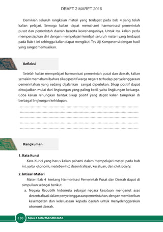 Kelas X SMA/MA/SMK/MAK130
Demikian seluruh rangkaian materi yang terdapat pada Bab 4 yang telah
kalian pelajari. Semoga kalian dapat memahami harmonisasi pemerintah
pusat dan pemerintah daerah beserta kewenangannya. Untuk itu, kalian perlu
mempersiapkan diri dengan mempelajari kembali seluruh materi yang terdapat
pada Bab 4 ini sehingga kalian dapat mengikuti Tes Uji Kompetensi dengan hasil
yang sangat memuaskan.
Refleksi
Setelah kalian mempelajari harmonisasi pemerintah pusat dan daerah, kalian
semakinmemahamibahwasikappositifwarganegaraterhadap penyelenggaraan
pemerintahan yang sedang dijalankan sangat diperlukan. Sikap positif dapat
diwujudkan mulai dari lingkungan yang paling kecil, yaitu lingkungan keluarga.
Coba kalian renungkan bentuk sikap positif yang dapat kalian tampilkan di
berbagai lingkungan kehidupan.
………………………………………………………………………………………
………………………………………………………………………………………
………………………………………………………………………………………
………………………………………………………………………………………
………………………………………………………………………………………
Rangkuman
1. Kata Kunci
Kata Kunci yang harus kalian pahami dalam mempelajari materi pada bab
ini, yaitu otonomi, medebewind, desentralisasi, kesatuan, dan civil society.
2. Intisari Materi
Materi Bab 4 tentang Harmonisasi Pemerintah Pusat dan Daerah dapat di
simpulkan sebagai berikut.
a.	Negara Republik Indonesia sebagai negara kesatuan menganut asas
desentralisasidalampenyelenggaraanpemerintahan,denganmemberikan
kesempatan dan keleluasaan kepada daerah untuk menyelenggarakan
otonomi daerah.
DRAFT 2 MARET 2016
 