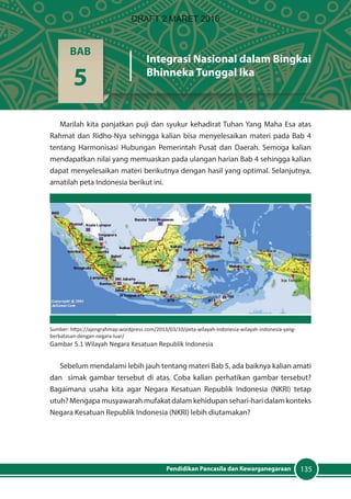 135Pendidikan Pancasila dan Kewarganegaraan
Marilah kita panjatkan puji dan syukur kehadirat Tuhan Yang Maha Esa atas
Rahmat dan Ridho-Nya sehingga kalian bisa menyelesaikan materi pada Bab 4
tentang Harmonisasi Hubungan Pemerintah Pusat dan Daerah. Semoga kalian
mendapatkan nilai yang memuaskan pada ulangan harian Bab 4 sehingga kalian
dapat menyelesaikan materi berikutnya dengan hasil yang optimal. Selanjutnya,
amatilah peta Indonesia berikut ini.
Sebelum mendalami lebih jauh tentang materi Bab 5, ada baiknya kalian amati
dan simak gambar tersebut di atas. Coba kalian perhatikan gambar tersebut?
Bagaimana usaha kita agar Negara Kesatuan Republik Indonesia (NKRI) tetap
utuh? Mengapa musyawarah mufakat dalam kehidupan sehari-hari dalam konteks
Negara Kesatuan Republik Indonesia (NKRI) lebih diutamakan?
BAB
5
Integrasi Nasional dalam Bingkai
Bhinneka Tunggal Ika
Sumber: https://ajengrahmap.wordpress.com/2013/03/10/peta-wilayah-indonesia-wilayah-indonesia-yang-
berbatasan-dengan-negara-luar/
Gambar 5.1 Wilayah Negara Kesatuan Republik Indonesia
DRAFT 2 MARET 2016
 