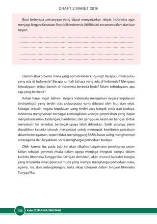Kelas X SMA/MA/SMK/MAK136
Buat beberapa pertanyaan yang dapat menyadarkan rakyat Indonesia agar
menjaga Negara Kesatuan Republik Indonesia (NKRI) dari ancaman dalam dan luar
negeri.
………………………………………………………………………………………
………………………………………………………………………………………
………………………………………………………………………………………
………………………………………………………………………………………
………………………………………………………………………………………
Daerah atau provinsi mana yang pernah kalian kunjungi? Berapa jumlah pulau
yang ada di Indonesia? Berapa jumlah bahasa yang ada di Indonesia? Mengapa
kebudayaan setiap daerah di Indonesia berbeda-beda? Selain kebudayaan, apa
saja yang berbeda?
Kalian harus ingat bahwa negara Indonesia merupakan negara kepulauan
(archipelago) yang terdiri atas pulau-pulau yang dibatasi oleh laut dan selat.
Sebagai sebuah negara kepulauan yang terdiri atas banyak etnis dan budaya,
Indonesia menghadapi berbagai kemungkinan adanya perpecahan yang dapat
menjadi ancaman, tantangan, hambatan, dan gangguan, kesatuan bangsa. Untuk
menyiasati hal tersebut, berbagai upaya telah dilakukan. Salah satunya, yakni
diwajibkan kepada seluruh masyarakat untuk memupuk komitmen persatuan
dalam keberagaman, seperti tidak menyinggung SARA, harus saling menghormati
antaragama dan keyakinan, serta menghargai perbedaan budaya.
Oleh karena itu, pada bab ini akan dibahas bagaimana pentingnya peran
kalian sebagai generasi muda dalam upaya menjaga integrasi bangsa dalam
konteks Bhinneka Tunggal Ika. Dengan demikian, akan muncul karakter bangsa
yang tercermin lewat generasi muda yang mampu menghargai perbedaan suku,
agama, ras, dan antargolongan, serta sikap toleransi dalam bingkai Bhinneka
Tunggal Ika.
DRAFT 2 MARET 2016
 