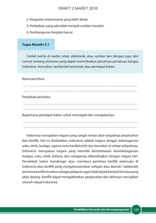 139Pendidikan Pancasila dan Kewarganegaraan
2. Pergaulan antarsesama yang lebih akrab.
3. Perbedaan yang ada tidak menjadi sumber masalah.
4. Pembangunan berjalan lancar.
Tugas Mandiri 5.1
Carilah berita di media cetak, elektronik, atau sumber lain dengan jujur dan
cermat tentang peristiwa yang dapat menimbulkan pecahnya persatuan bangsa
Indonesia. Kemudian, berikanlah komentar atau pendapat kalian.
Nama peristiwa
………………………………………………………………………………………
………………………………………………………………………………………
Penyebab peristiwa
………………………………………………………………………………………
………………………………………………………………………………………
Bagaimana pendapat kalian untuk mencegah dan mengatasinya
………………………………………………………………………………………
………………………………………………………………………………………
Indonesia merupakan negara yang sangat rentan akan terjadinya perpecahan
dan konflik. Hal ini disebabkan Indonesia adalah negara dengan keberagaman
suku, etnik, budaya, agama serta karakteristik dan keunikan di setiap wilayahnya.
Indonesia merupakan negara yang memiliki keistimewaan keanekaragaman
budaya, suku, etnik, bahasa, dan sebagainya dibandingkan dengan negara lain.
Pernahkah kalian mendengar atau membaca peristiwa konflik antarsuku di
Indonesia atau konflik yang mengatasnamakan wilayah atau daerah? Jadikanlah
peristiwakonfliktersebutsebagaipelajaranagartidakterjadikembalidimasayang
akan datang. Konflik dapat mengakibatkan perpecahan dan akhirnya merugikan
seluruh rakyat Indonesia.
DRAFT 2 MARET 2016
 