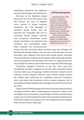 Kelas X SMA/MA/SMK/MAK174
kepentingan pertahanan dari kebocoran
yang akan dimanfaatkan oleh pihak lawan.
Baru-baru ini kita dikejutkan dengan
adanya aksi teror di Ibu Kota Jakarta, yaitu
Bom Thamrin. Aksi teror ini dilakukan
secara terbuka di tengah kesibukan
masyarakat. Aksi teror bersenjata ini
memakan banyak korban, baik dari
kepolisian dan masyarakat. Aksi teror ini
merupakan bentuk kegiatan terorisme
yang mengancam keselamatan bangsa
dengan menebarkan rasa ketakutan yang
mendalam serta menimbulkan korban
tanpa mengenal rasa perikemanusiaan.
Sasaran aksi teror bersenjata dapat menimpa siapa saja, sehingga sulit
diprediksi dan ditangani dengan cara-cara biasa. Perkembangan aksi teror
bersenjata yang dilakukan oleh teroris pada dekade terakhir meningkat
cukup pesat dengan mengikuti perkembangan politik, lingkungan strategis,
dan ilmu pengetahuan dan teknologi. Oleh karena itu, segala bentuk teror
harus dicegah dan dibasmi agar kententraman masyarakat tidak terganggu
Selanjutnya, gangguan keamanan di laut dan udara juga perlu
mendapatkan perhatian. Gangguan di laut dan udara merupakan bentuk
ancaman militer yang mengganggu stabilitas keamanan wilayah nasional
Indonesia. Kondisi geografis Indonesia yang memiliki wilayah perairan
dan wilayah udara terbentang luas menjadikan pelintasan transportasi
dunia yang padat, baik transportasi maritim maupun dirgantara. Hal ini
berimplikasi terhadap tingginya potensi gangguan ancaman keamanan laut
dan udara.
Adapunbentuk-bentukgangguankeamanandilautdanudarayangharus
mendapat perhatian dalam penyelenggaraan pertahanan negara, yaitu
pembajakan atau perompakan, penyelundupan narkoba, penyelundupan
senjata, amunisi, bahan peledak atau bahan lain yang dapat membahayakan
keselamatan bangsa, penangkapan ikan secara illegal, pencurian kekayaan
di laut dan pencemaran lingkungan.
Info Kewarganegaraan
Sejarah spionase sudah
amat tua. Mesir Kuno,
misalnya, memiliki dinas
rahasia yang menyelidiki
negara tetangga sekaligus
tokoh masyarakat terkemuka.
Orang Yunani Kuno dan
Romawi juga memiliki agen
spionase mereka sendiri.
Di Asia, spionase adalah
bentuk seni tinggi dan
dibahas mendalam dalam
berbagai teks seperti The Art
of War karangan Sun Tzu.
DRAFT 2 MARET 2016
 