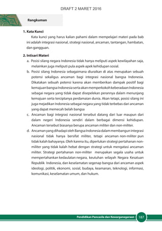 187Pendidikan Pancasila dan Kewarganegaraan
Rangkuman
1. Kata Kunci
Kata kunci yang harus kalian pahami dalam mempelajari materi pada bab
ini adalah integrasi nasional, strategi nasional, ancaman, tantangan, hambatan,
dan gangguan.
2. Intisari Materi
a. Posisi silang negara Indonesia tidak hanya meliputi aspek kewilayahan saja,
melainkan juga meliputi pula aspek-apek kehidupan sosial.
b. 	Posisi silang Indonesia sebagaimana diuraikan di atas merupakan sebuah
potensi sekaligus ancaman bagi integrasi nasional bangsa Indonesia.
Dikatakan sebuah potensi karena akan memberikan dampak positif bagi
kemajuanbangsaIndonesiasertaakanmemperkokohkeberadaanIndonesia
sebagai negara yang tidak dapat disepelekan perannya dalam menunjang
kemajuan serta terciptanya perdamaian dunia. Akan tetapi, posisi silang ini
juga mejadikan Indonesia sebagai negara yang tidak terbebas dari ancaman
yang dapat memecah belah bangsa
c. 	Ancaman bagi integrasi nasional tersebut datang dari luar maupun dari
dalam negeri Indonesia sendiri dalam berbagai dimensi kehidupan.
Ancaman tersebut biasanya berupa ancaman militer dan non-militer.
d.	 AncamanyangdihadapiolehBangsaIndonesiadalammembangunintegrasi
nasional tidak hanya bersifat militer, tetapi ancaman non-militer pun
tidak kalah bahayanya. Oleh karena itu, diperlukan strategi pertahanan non-
militer yang tidak kalah hebat dengan strategi untuk mengatasi ancaman
militer. Strategi pertahanan non-militer merupakan segala usaha untuk
mempertahankan kedaulatan negara, keutuhan wilayah Negara Kesatuan
Republik Indonesia, dan keselamatan segenap bangsa dari ancaman aspek
ideologi, politik, ekonomi, sosial, budaya, keamanan, teknologi, informasi,
komunikasi, keselamatan umum, dan hukum.
DRAFT 2 MARET 2016
 