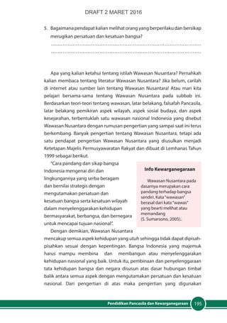195Pendidikan Pancasila dan Kewarganegaraan
5. 	 Bagaimana pendapat kalian melihat orang yang berperilaku dan bersikap
merugikan persatuan dan kesatuan bangsa?
………………………………………………………………………………
………………………………………………………………………………
Apa yang kalian ketahui tentang istilah Wawasan Nusantara? Pernahkah
kalian membaca tentang literatur Wawasan Nusantara? Jika belum, carilah
di internet atau sumber lain tentang Wawasan Nusantara! Atau mari kita
pelajari bersama-sama tentang Wawasan Nusantara pada subbab ini.
Berdasarkan teori-teori tentang wawasan, latar belakang, falsafah Pancasila,
latar belakang pemikiran aspek wilayah, aspek sosial budaya, dan aspek
kesejarahan, terbentuklah satu wawasan nasional Indonesia yang disebut
Wawasan Nusantara dengan rumusan pengertian yang sampai saat ini terus
berkembang. Banyak pengertian tentang Wawasan Nusantara, tetapi ada
satu pendapat pengertian Wawasan Nusantara yang diusulkan menjadi
Ketetapan Majelis Permusyawaratan Rakyat dan dibuat di Lemhanas Tahun
1999 sebagai berikut.
“Cara pandang dan sikap bangsa
Indonesia mengenai diri dan
lingkungannya yang serba beragam
dan bernilai strategis dengan
mengutamakan persatuan dan
kesatuan bangsa serta kesatuan wilayah
dalam menyelenggarakan kehidupan
bermasyarakat, berbangsa, dan bernegara
untuk mencapai tujuan nasional”.
Dengan demikian, Wawasan Nusantara
mencakup semua aspek kehidupan yang utuh sehingga tidak dapat dipisah-
pisahkan sesuai dengan kepentingan. Bangsa Indonesia yang majemuk
harus mampu membina dan membangun atau menyelenggarakan
kehidupan nasional yang baik. Untuk itu, pembinaan dan penyelenggaraan
tata kehidupan bangsa dan negara disusun atas dasar hubungan timbal
balik antara semua aspek dengan mengutamakan persatuan dan kesatuan
nasional. Dari pengertian di atas maka pengertian yang digunakan
Info Kewarganegaraan
Wawasan Nusantara pada
dasarnya merupakan cara
pandang terhadap bangsa
sendiri. Kata“wawasan”
berasal dari kata“wawas”
yang bearti melihat atau
memandang
(S. Sumarsono, 2005)..
DRAFT 2 MARET 2016
 