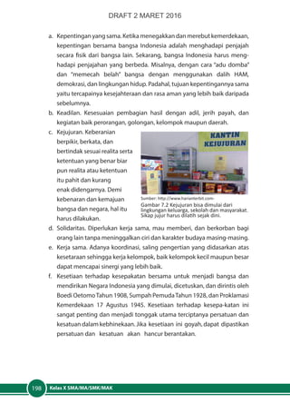 Kelas X SMA/MA/SMK/MAK198
a.	 Kepentingan yang sama. Ketika menegakkan dan merebut kemerdekaan,
kepentingan bersama bangsa Indonesia adalah menghadapi penjajah
secara fisik dari bangsa lain. Sekarang, bangsa Indonesia harus meng-
hadapi penjajahan yang berbeda. Misalnya, dengan cara “adu domba”
dan “memecah belah” bangsa dengan menggunakan dalih HAM,
demokrasi, dan lingkungan hidup. Padahal, tujuan kepentingannya sama
yaitu tercapainya kesejahteraan dan rasa aman yang lebih baik daripada
sebelumnya.
b.	Keadilan. Kesesuaian pembagian hasil dengan adil, jerih payah, dan
kegiatan baik perorangan, golongan, kelompok maupun daerah.
c.	 Kejujuran. Keberanian
berpikir, berkata, dan
bertindak sesuai realita serta
ketentuan yang benar biar
pun realita atau ketentuan
itu pahit dan kurang
enak didengarnya. Demi
kebenaran dan kemajuan
bangsa dan negara, hal itu
harus dilakukan.
d.	 Solidaritas. Diperlukan kerja sama, mau memberi, dan berkorban bagi
orang lain tanpa meninggalkan ciri dan karakter budaya masing-masing.
e.	 Kerja sama. Adanya koordinasi, saling pengertian yang didasarkan atas
kesetaraan sehingga kerja kelompok, baik kelompok kecil maupun besar
dapat mencapai sinergi yang lebih baik.
f.	 Kesetiaan terhadap kesepakatan bersama untuk menjadi bangsa dan
mendirikan Negara Indonesia yang dimulai, dicetuskan, dan dirintis oleh
Boedi OetomoTahun 1908, Sumpah PemudaTahun 1928, dan Proklamasi
Kemerdekaan 17 Agustus 1945. Kesetiaan terhadap kesepa-katan ini
sangat penting dan menjadi tonggak utama terciptanya persatuan dan
kesatuan dalam kebhinekaan. Jika kesetiaan ini goyah, dapat dipastikan
persatuan dan kesatuan akan hancur berantakan.
Sumber: http://www.harianterbit.com-
Gambar 7.2 Kejujuran bisa dimulai dari
lingkungan keluarga, sekolah dan masyarakat.
Sikap jujur harus dilatih sejak dini.
DRAFT 2 MARET 2016
 