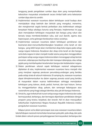 213Pendidikan Pancasila dan Kewarganegaraan
tanggung jawab pengelolaan sumber daya alam yang memperhatikan
kebutuhan masyarakat antardaerah secara timbal balik serta kelestarian
sumber daya alam itu sendiri.
3)	Implementasi wawasan nusantara dalam kehidupan sosial budaya akan
menciptakan sikap batiniah dan lahiriah yang mengakui, menerima,
dan menghormati segala bentuk perbedaan atau kebhinekaan sebagai
kenyataan hidup sekaligus karunia sang Pencipta. Implementasi ini juga
akan menciptakan kehidupan masyarakat dan bangsa yang rukun dan
bersatu tanpa membeda-bedakan suku, asal usul daerah, agama atau
kepercayaan, serta golongan berdasarkan status sosialnya.
4)	Implementasi wawasan nusantara dalam kehidupan pertahanan dan
keamanan akan menumbuhkembangkan kesadaran cinta tanah air dan
bangsa, yang lebih lanjut akan membentuk sikap bela negara pada setiap
warga negara Indonesia. Kesadaran dan sikap cinta tanah air dan bangsa
serta bela negara ini akan menjadi modal utama yang akan menggerakkan
partisipasi setiap warga negara Indonesia dalam menanggapi setiap bentuk
ancaman, seberapa pun kecilnya dan dari manapun datangnya, atau setiap
gejala yang membahayakan keselamatan bangsa dan kedalaulatan negara.
5)	Dalam pembinaan seluruh aspek kehidupan nasional sebagaimana
dijelaskan di atas, implementasi wawasan nusantara harus menjadi nilai
yang menjiwai segenap peraturan perundang-undangan yang berlaku
pada setiap strata di seluruh Indonesia. Di samping itu, wawasan nusantara
dapat diimplementasikan ke dalam segenap pranata sosial yang berlaku
di masyarakat dalam nuansa kebhinnekaan sehingga menciptakan
kehidupan yang toleran, akrab, peduli, hormat, dan taat hukum. Semua
itu menggambarkan sikap, paham, dan semangat kebangsaan atau
nasionalisme yang tinggi sebagai identitas atau jati diri bangsa Indonesia.
6)	 Untuk itu, agar terketuk hati nurani setiap warga negara Indonesia dan sadar
bermasyarakat, berbangsa, dan bernegara diperlukan pendekatan dengan
program yang teratur, terjadwal, dan terarah. Hal ini akan mewujudkan
keberhasilan implementasi Negara Kesatuan Republik Indonesia melalui
pengukuhan wawasan nusantara.
Adapun peran serta dalam penerapan asas-asas wawasan nusantara dalam
tata kehidupan nasional memerlukan kesamaan pola pikir, pola sikap, dan pola
tindak dalam seluruh proses penyelenggaraan bermasyarakat, berbangsa dan
DRAFT 2 MARET 2016
 