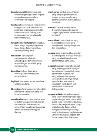 Kelas X SMA/MA/SMK/MAK222
kesadaran politik keinsyafan dari
setiap warga negara akan urgensi
urusan kenegaraan dalam
kehidupan bernegara.
kesatuan bentuk negara yang sifatnya
tunggal dan tidak tersusun dari
beberapa negara yang memiliki
kedaulatan tidak terbagi, dan
kewenangannya berada pada
pemerintah pusat.
kewajiban konstitusional kewajiban
dasar warga negara yang secara
tegas diatur dalam konstitusi/
undang-undang dasar.
kekuasaan kemampuan
memengaruhi pihak lain
untuk berpikir dan berperilaku
sesuai dengan kehendak yang
memengaruhi.
konstitusi hukum dasar yang
menetapkan dan mengatur
pemerintahan.
legislatif kekuasaan untuk membuat
undang-undang.
liberalisme faham yang menghendaki
pemberian kebebasan yang luas
kepada manusia.
medebewind tugas pembantuan atau
keikutsertaan pemerintah daerah
untuk melaksanakan urusan
pemerintah yang kewenangannya
lebih luas dan lebih tinggi di
daerah.
meritokrasi bentuk pemerintahan
yang adil yang memberikan
tempat kepada mereka yang
berprestasi untuk duduk sebagai
pemimpin.
monarki bentuk pemerintahan
di mana kekuasaan berada di
tangan raja (bentuk pemerintahan
kerajaan).
naturalisasi proses hukum yang
menyebabkan seseorang
memperoleh kewarganegaraan
dari negara lain.
negara suatu organisasi kemanusian
atau kumpulan manusia-manusia
yang berada di bawah suatu
pemerintahan yang sama.
negara kesatuan negara berdaulat
yang diselenggarakan sebagai
satu kesatuan tunggal, di mana
pemerintah pusat adalah
yang tertinggi dan satuan-
satuan subnasionalnya hanya
menjalankan kekuasaan-
kekuasaan yang dipilih oleh
pemerintah pusat untuk
didelegasikan.
negara serikat merupakan negara
yang terdiri dari beberapa negara
bagian dengan satu pemerintah
pusat yang memiliki kedaulatan,
namun tiap negara bagian punya
kedaulatan ke dalam untuk
mengatur wilayahnya masing-
masing. tiap negara bagian punya
UUD sendiri, kepala negara, dan
badan perwakilan. Kekuasaan
DRAFT 2 MARET 2016
 