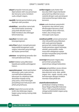 Kelas X SMA/MA/SMK/MAK224
rakyat kumpulan manusia yang
dipersatukan oleh rasa persamaan
dan bersama-sama mendiami
suatu wilayah negara.
republik bentuk pemerintahan yang
dipimpin oleh presiden.
rehabilitasi pemulihan nama baik
atau kehormatan seseorang
yang telah dituduh secara
tidak mendasar atau dilanggar
kehormatannya.
repudiasi menolak suatu
kewarganegaraan.
rule of law hukum menjadi petunjuk
bagi praktik kenegaraan suatu
negara, hukumlah yang tertinggi
dan bukan pemerintah.
sabotase menghalangi prosedur dan
merusak kelancaran kerja.
sanksi tindakan yang dikenakan
kepada para pelaku pelanggaran
hukum.
separation power sistem pemisahan
kekuasaan, yaitu suatu prinsip
normatif bahwa kekuasaan-
kekuasaan itu sebaiknya tidak
diserahkan kepada orang
yang sama, untuk mencegah
penyalahgunaan kekuasaan oleh
pihak yang berkuasa.
serikat negara bersusunan jamak,
terdiri atas beberapa negara
bagian yang masing-masing tidak
berdaulat.
serikat negara suatu ikatan dari
dua atau lebih negara berdaulat
yang lazimnya dibentuk secara
sukarela dengan suatu persetujuan
internasional berupa traktat atau
konvensi.
sistem suatu kesatuan yang terdiri
komponen atau elemen yang
dihubungkan bersama untuk
memudahkan aliran informasi,
materi, atau energi untuk
mencapai suatu tujuan.
sosialisasi politik proses penanaman
nilai-nilai politik yang dilakukan
oleh suatu generasi kepada
generasi lain melalui berbagai
media perantara seperti keluarga,
sekolah, partai politik, media
massa dan sebagainya supaya
tercipta masyarakat yang memiliki
kesadaran politik.
sovereign kekuasaan negara atau
pemerintah yang berlaku
sepenuhnya sebagai kedaulatan.
spionase penyelidikan secara rahasia
terhadap data kemiliteran dan
data ekonomi serta data politik
negara lain; segala sesuatu yang
berhubungan dengan tindakan
memata-matai pihak lain.
staatsfundamentalnorm	
pembukaan Undang-Undang
Dasar Negara Republik Indonesia
Tahun 1945 yang berkedudukan
sebagai pokok kaidah negara yang
fundamental.
DRAFT 2 MARET 2016
 