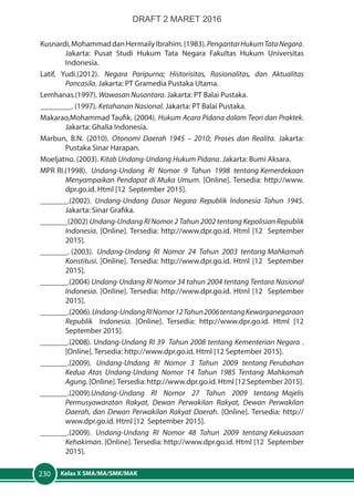 Kelas X SMA/MA/SMK/MAK230
Kusnardi,MohammaddanHermailyIbrahim.(1983).PengantarHukumTataNegara.
Jakarta: Pusat Studi Hukum Tata Negara Fakultas Hukum Universitas
Indonesia.
Latif, Yudi.(2012). Negara Paripurna; Historisitas, Rasionalitas, dan Aktualitas
Pancasila. Jakarta: PT Gramedia Pustaka Utama.
Lemhanas.(1997). Wawasan Nusantara. Jakarta: PT Balai Pustaka.
________. (1997). Ketahanan Nasional. Jakarta: PT Balai Pustaka.
Makarao,Mohammad Taufik. (2004). Hukum Acara Pidana dalam Teori dan Praktek.
Jakarta: Ghalia Indonesia.
Marbun, B.N. (2010). Otonomi Daerah 1945 – 2010; Proses dan Realita. Jakarta:
Pustaka Sinar Harapan.
Moeljatno. (2003). Kitab Undang-Undang Hukum Pidana. Jakarta: Bumi Aksara.
MPR RI.(1998). Undang-Undang RI Nomor 9 Tahun 1998 tentang Kemerdekaan
Menyampaikan Pendapat di Muka Umum. [Online]. Tersedia: http://www.
dpr.go.id. Html [12 September 2015].
_______.(2002). Undang-Undang Dasar Negara Republik Indonesia Tahun 1945.
Jakarta: Sinar Grafika.
_______(2002) Undang-Undang RI Nomor 2 Tahun 2002 tentang Kepolisian Republik
Indonesia. [Online]. Tersedia: http://www.dpr.go.id. Html [12 September
2015].
_______. (2003). Undang-Undang RI Nomor 24 Tahun 2003 tentang Mahkamah
Konstitusi. [Online]. Tersedia: http://www.dpr.go.id. Html [12 September
2015].
_______.(2004) Undang-Undang RI Nomor 34 tahun 2004 tentang Tentara Nasional
Indonesia. [Online]. Tersedia: http://www.dpr.go.id. Html [12 September
2015].
_______.(2006).Undang-UndangRINomor12Tahun2006tentangKewarganegaraan
Republik Indonesia. [Online]. Tersedia: http://www.dpr.go.id. Html [12
September 2015].
_______.(2008). Undang-Undang RI 39 Tahun 2008 tentang Kementerian Negara .
[Online]. Tersedia: http://www.dpr.go.id. Html [12 September 2015].
_______.(2009). Undang-Undang RI Nomor 3 Tahun 2009 tentang Perubahan
Kedua Atas Undang-Undang Nomor 14 Tahun 1985 Tentang Mahkamah
Agung.[Online].Tersedia:http://www.dpr.go.id.Html[12September2015].
_______.(2009).Undang-Undang RI Nomor 27 Tahun 2009 tentang Majelis
Permusyawaratan Rakyat, Dewan Perwakilan Rakyat, Dewan Perwakilan
Daerah, dan Dewan Perwakilan Rakyat Daerah. [Online]. Tersedia: http://
www.dpr.go.id. Html [12 September 2015].
_______.(2009). Undang-Undang RI Nomor 48 Tahun 2009 tentang Kekuasaan
Kehakiman. [Online]. Tersedia: http://www.dpr.go.id. Html [12 September
2015].
DRAFT 2 MARET 2016
 