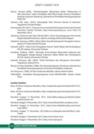 Kelas X SMA/MA/SMK/MAK232
Sanusi, Ahmad. (2006). “Memberdayakan Masyarakat dalam Pelaksanaan 10
Pilar Demokrasi” dalam Pendidikan Nilai Moral dalam Dimensi Pendidikan
Kewarga-negaraan. Bandung: Laboratorium Pendidikan Kewarganegaraan
FPIPS UPI.
Santoso, H.M. Agus. (2013). Menyingkap Tabir Otonomi Daerah di Indonesia.
Yogyakarta: Pustaka Pelajar.
Simanjuntak, DH. (2011). TinjauanUmumtentangPerlindunganHukumdanKontrak
Franchise.[ Online] Tersedia: http://www.repository.usu. ac.id. Html [14
November 2013]
Soeharyo, Sulaeman dan Nasri Efendi.(2001). Sistem Penyelenggaraan Pemerintah
Negara Republik Indonesia. Jakarta: Lembaga Administrasi Negara
Soekanto, Soerjono. (2002). Faktor-Faktor Yang Mempengaruhi Penegakan Hukum.
Jakarta. PT Raja Grafindo Persada.
Somardi. (2007). “Hukum dan Penegakkan Hukum” dalam Materi danPembelajaran
PKn SD. Jakarta: Universitas Terbuka
Sundawa, Dadang. (2007). “Kerangka Sosial Budaya Masyarakat Indonesia dan
Kebanggaan sebagai Bangsa Indonesia” dalam Materi dan Pembelajaran
PKn SD. Jakarta: Universitas Terbuka
Suwardi, Harsono. dkk. (2002). Politik Demokrasi dan Manajemen Komunikasi.
Yogyakarta: Galang Press.
Wuryan, Sri dan Syaifullah. (2006). Ilmu Kewarganegaraan. Bandung: Laboratorium
Pendidikan Kewarganegaraan Universitas Pendidikan Indonesia.
Tim Penyusun. (1986). 30 Tahun Indonesia Merdeka. Jakarta: Balai Pustaka
Tolib.(2006). Pendidikan Kewarganegaraan untuk SMA/MA/SMK. Jakarta: Studia
Press.
Sumber Gambar:
Buku 30 Tahun Indonesia Merdeka, http://wapikweb.org/article/detail/AA-01161.
php.
Buku 30 Tahun Indonesia Merdeka, http://wapikweb.org/article/detail/AA-01161.
php.
Diunduh tanggal 12 November 2015, http://bkd.surabaya.go.id/berita-detail.
php?id_berita=20.
Diunduh tanggal 16 November 2015, http://www.eftianto.files.wordpress.com.
Diunduh tanggal 16 November 2015, http://www.indotekhnoplus.com/news/
view/260/4.
Diunduh tanggal 17 November 2015,http://en.wikipedia.org/wiki/Munir_Said_
Thalib.
Diunduh tanggal 17 November 2015, http://www.elsam.or.id.
Diunduh tanggal 17 November 2015, http://www.mpr.go.id.
DRAFT 2 MARET 2016
 