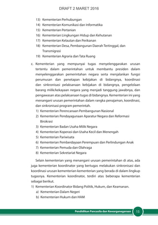 15Pendidikan Pancasila dan Kewarganegaraan
13)	 Kementerian Perhubungan
14)	 Kementerian Komunikasi dan Informatika
15)	 Kementerian Pertanian
16)	 Kementerian Lingkungan Hidup dan Kehutanan
17)	 Kementerian Kelautan dan Perikanan
18)	 Kementerian Desa, Pembangunan Daerah Tertinggal, dan
	Transmigrasi
19)	 Kementerian Agraria dan Tata Ruang
c.	 Kementerian yang mempunyai tugas menyelenggarakan urusan
tertentu dalam pemerintahan untuk membantu presiden dalam
menyelenggarakan pemerintahan negara serta menjalankan fungsi
perumusan dan penetapan kebijakan di bidangnya, koordinasi
dan sinkronisasi pelaksanaan kebijakan di bidangnya, pengelolaan
barang milik/kekayaan negara yang menjadi tanggung jawabnya, dan
pengawasan atas pelaksanaan tugas di bidangnya. Kementerian ini yang
menangani urusan pemerintahan dalam rangka penajaman, koordinasi,
dan sinkronisasi program pemerintah.
1)	 Kementerian Perencanaan Pembangunan Nasional
2)	 Kementerian Pendayagunaan Aparatur Negara dan Reformasi
	Birokrasi
3)	 Kementerian Badan Usaha Milik Negara
4)	 Kementerian Koperasi dan Usaha Kecil dan Menengah
5)	 Kementerian Pariwisata
6)	 Kementerian Pemberdayaan Perempuan dan Perlindungan Anak
7)	 Kementerian Pemuda dan Olahraga
8)	 Kementerian Sekretariat Negara
Selain kementerian yang menangani urusan pemerintahan di atas, ada
juga kementerian koordinator yang bertugas melakukan sinkronisasi dan
koordinasi urusan kementerian-kementerian yang berada di dalam lingkup
tugasnya. Kementerian koordinator, terdiri atas beberapa kementerian
sebagai berikut.
1)	 Kementerian Koordinator Bidang Politik, Hukum, dan Keamanan.
a)	 Kementerian Dalam Negeri
b)	 Kementerian Hukum dan HAM
DRAFT 2 MARET 2016
 
